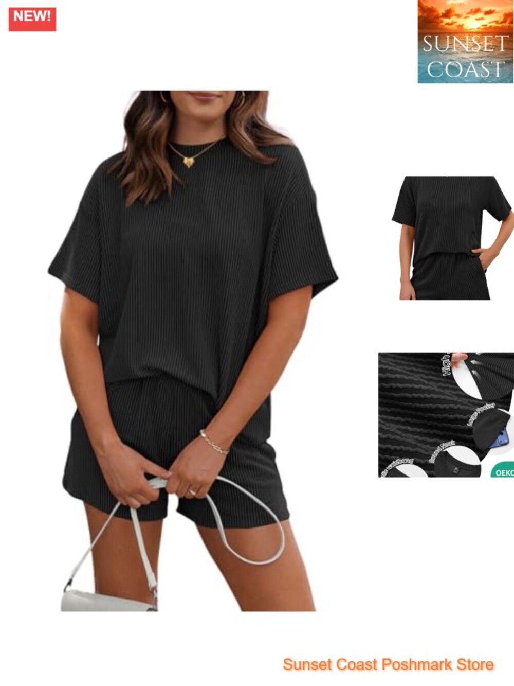 2 Piece Lounge Set Ribbed Knit Short Sleeve Top & Shorts